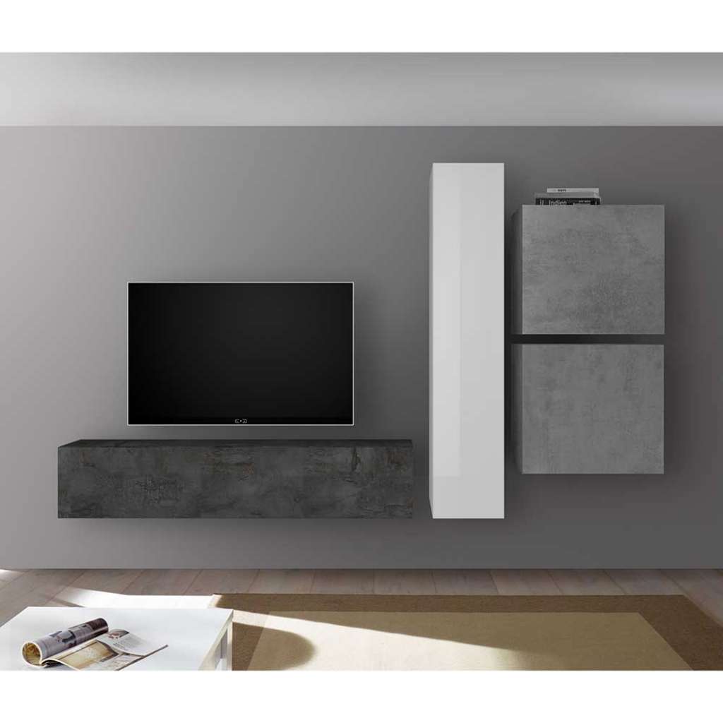 Design Wohnwand in Weiß Hochglanz und Dunkelgrau Wandmontage (4-teilig)