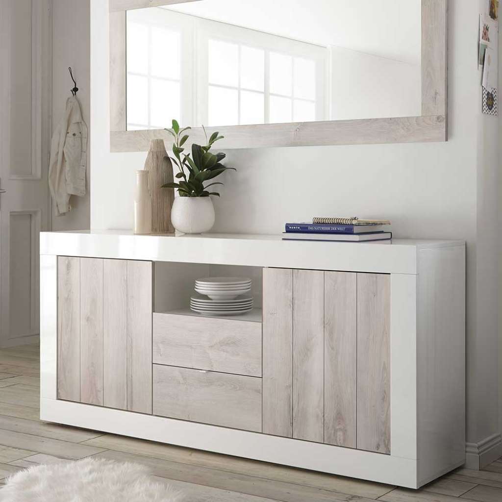 Modernes Sideboard in Weiß Hochglanz und Pinie Weiß Dekor zwei Schubladen