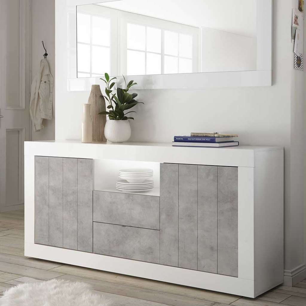 Esszimmersideboard in Weiß Hochglanz und Beton Grau Sockelgestell
