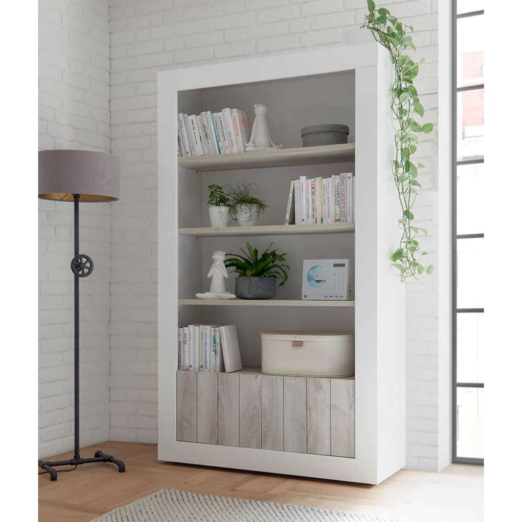 Regal in Weiß Hochglanz und Pinie Weiß Dekor 110 cm breit