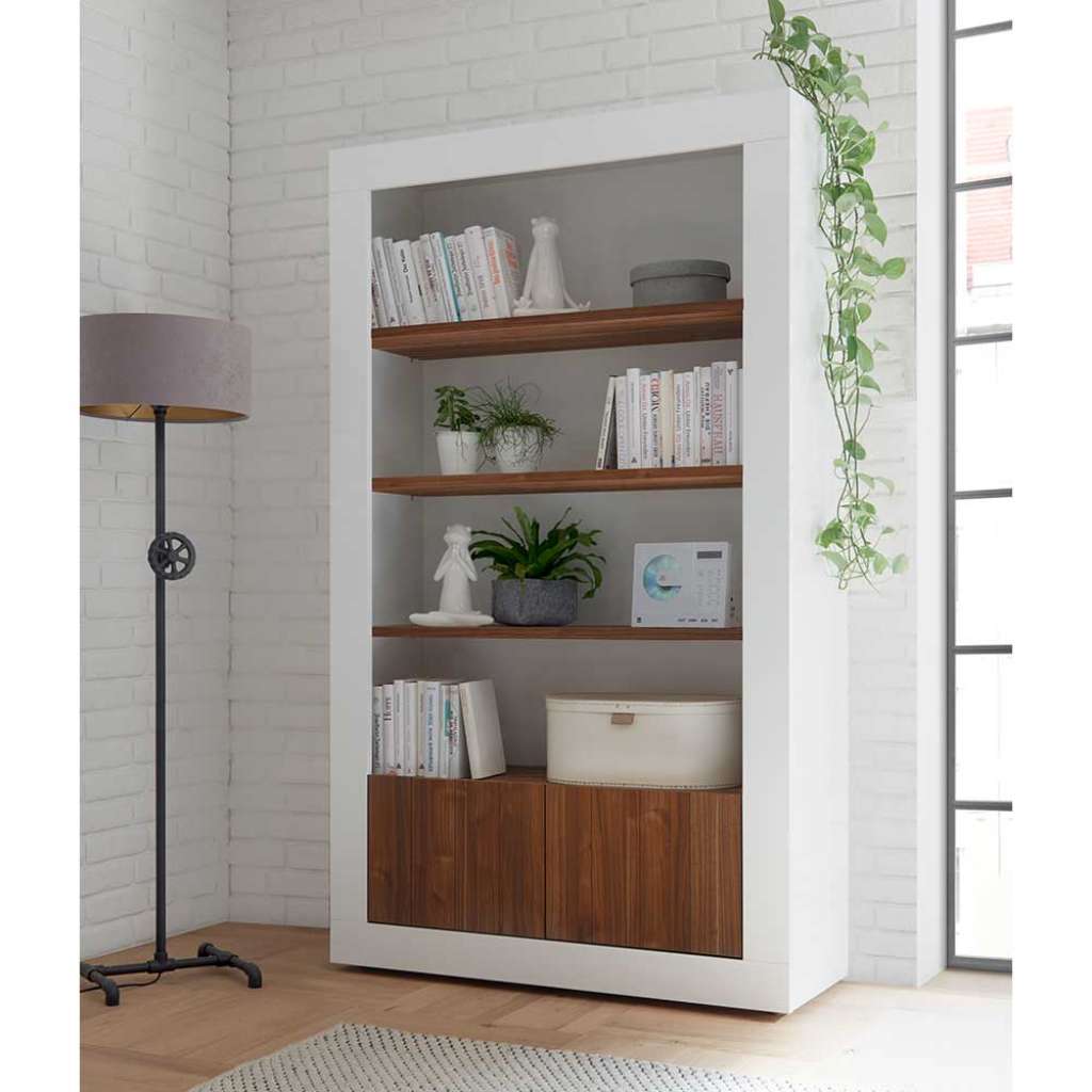 Modernes Regal in Weiß Hochglanz und Nussbaum Optik 110 cm breit