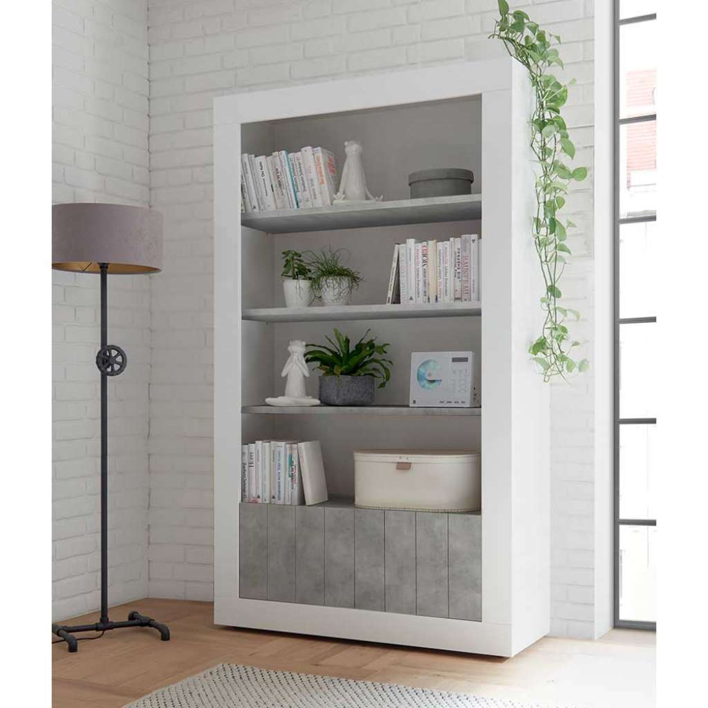 Buchregal in Weiß Hochglanz und Beton Grau modern