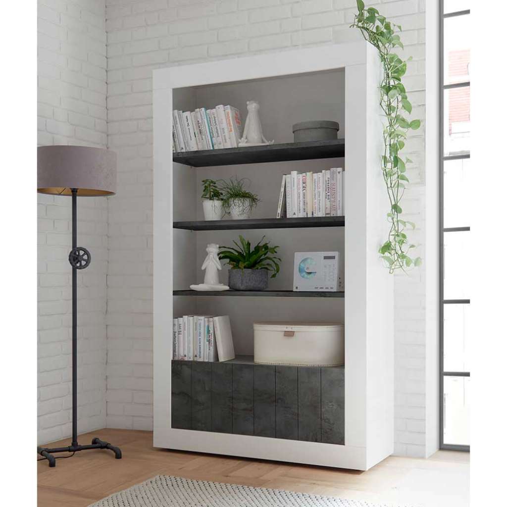 Wohnzimmer Regal in Weiß Hochglanz und Dunkelgrau 110 cm breit