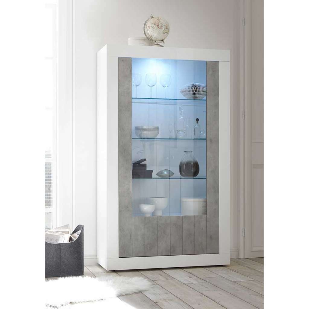 Wohnzimmervitrine in Weiß Hochglanz und Beton Grau 110 cm breit