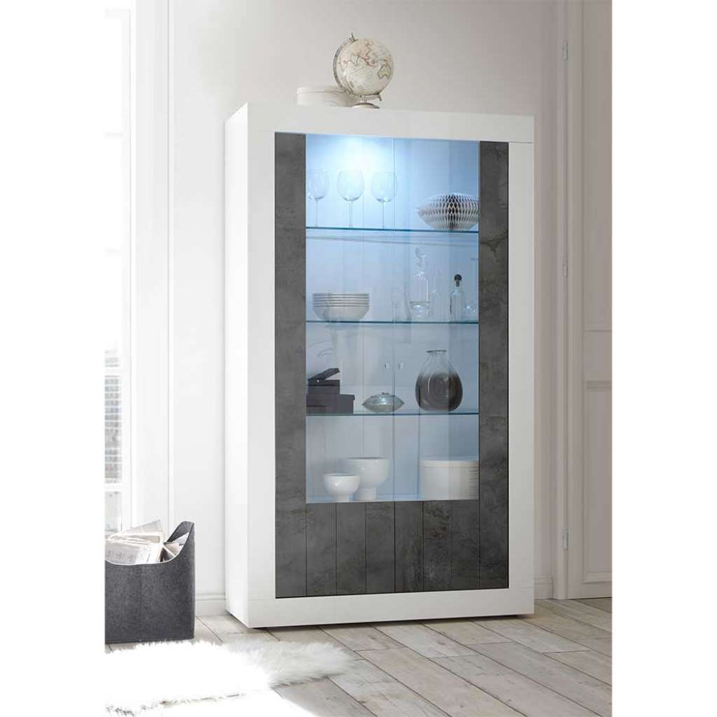 Schrank Vitrine in Weiß Hochglanz und Dunkelgrau 110 cm breit