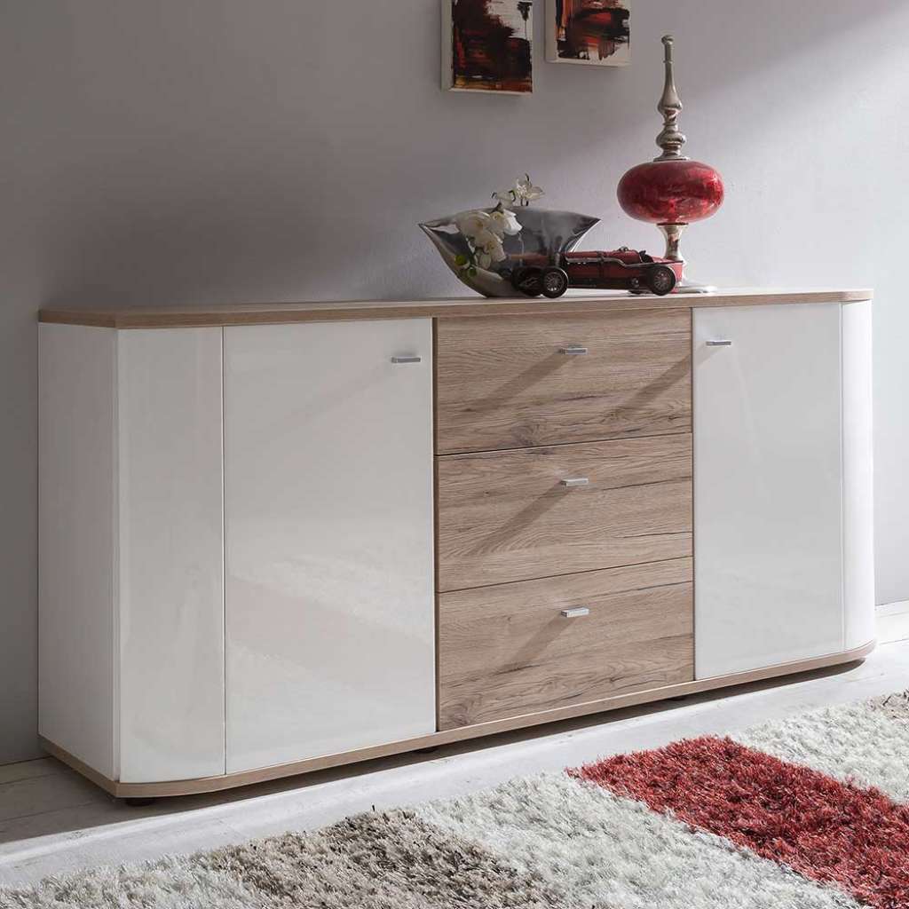 Große Kommode in Eiche San Remo und Weiß Hochglanz 170 cm breit