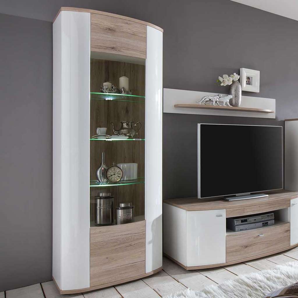 Vitrinenschrank in Weiß Hochglanz und Eiche San Remo 70 cm breit