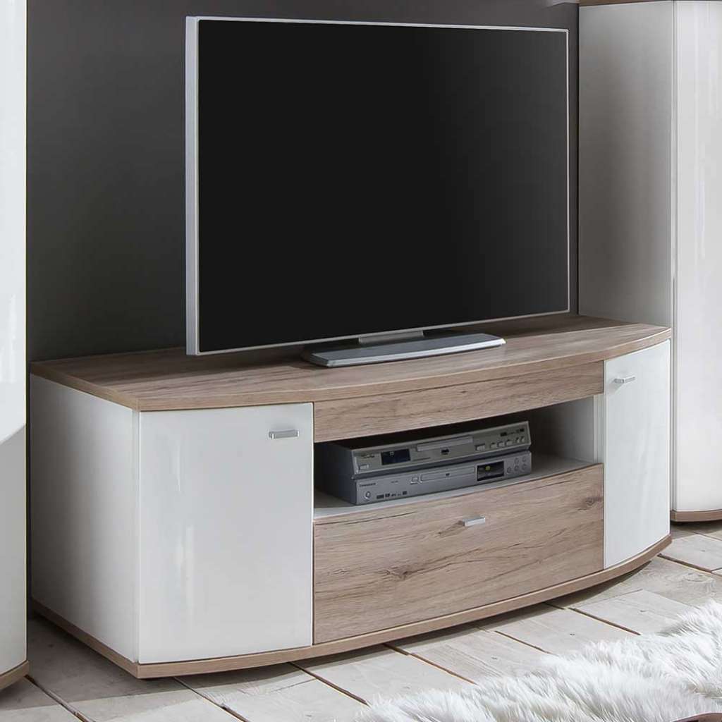 TV Unterschrank in Weiß Hochglanz und Eiche San Remo 130 cm breit