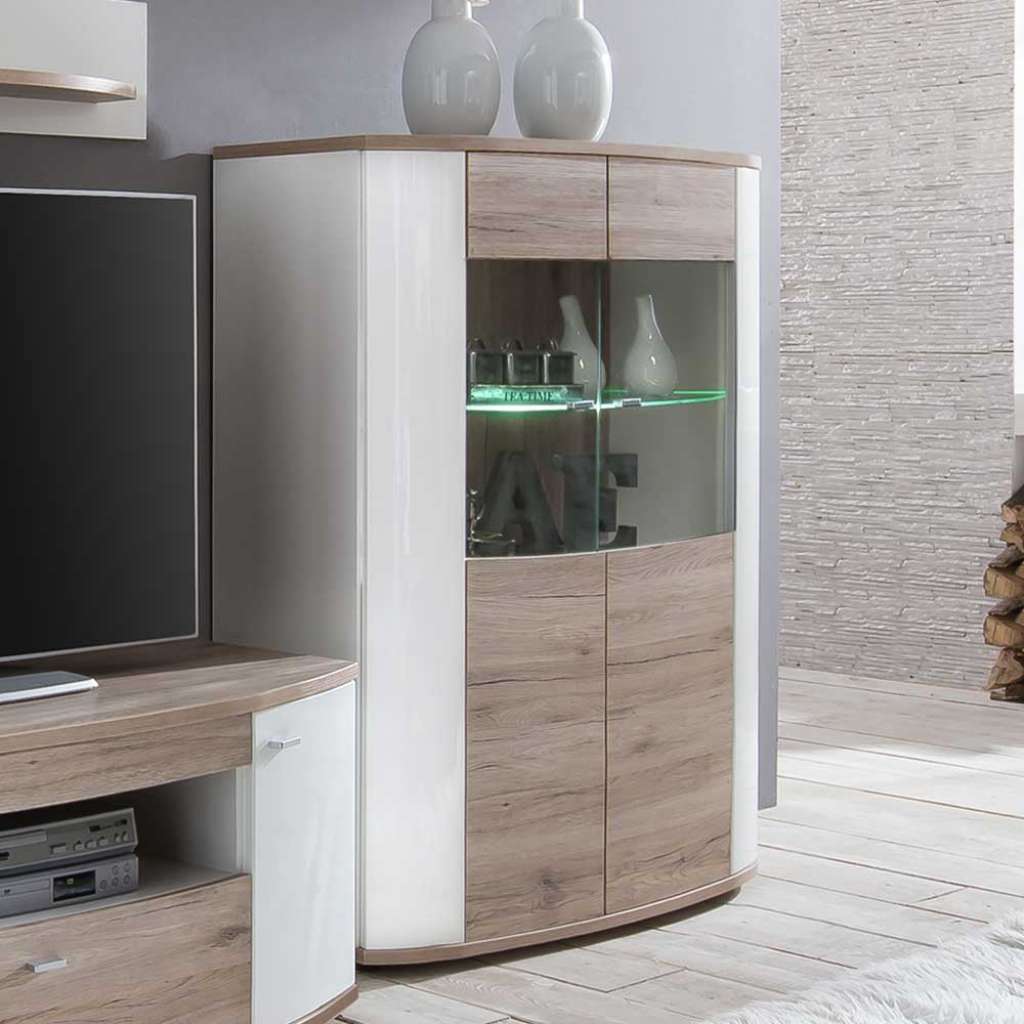 Wohnzimmer Highboard in Weiß Hochglanz und Eiche San Remo Glas