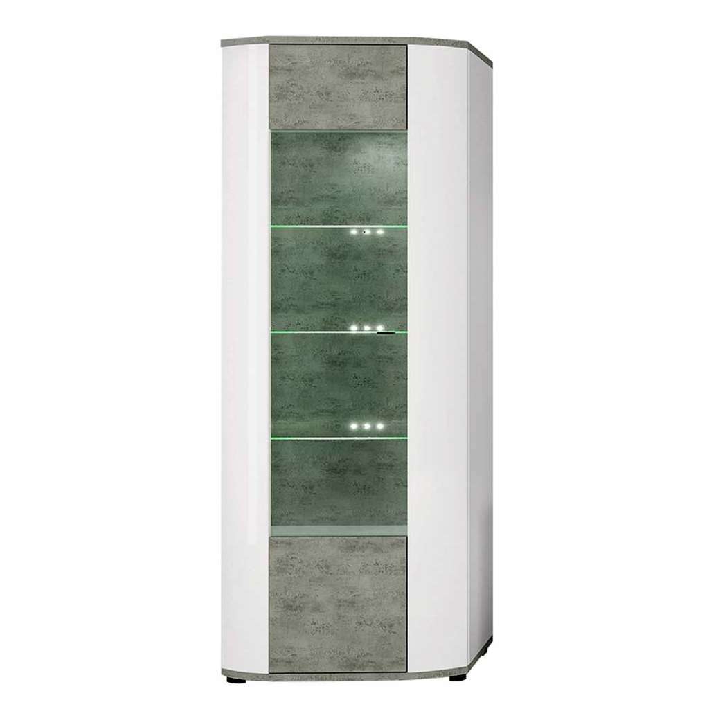 Wohnzimmer Vitrine in Weiß Hochglanz und Beton Grau 70 cm breit