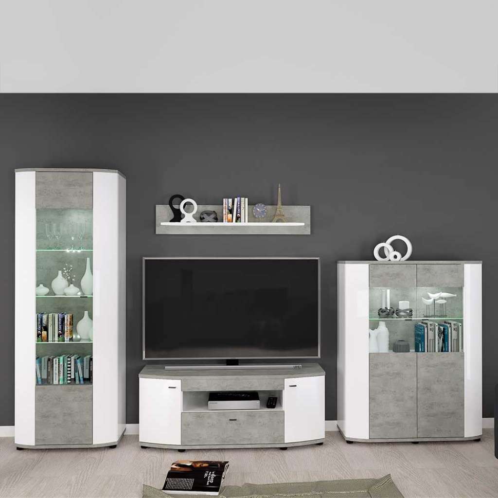 Wohnwand in Hochglanz Weiß und Beton Grau 330 cm breit (4-teilig)