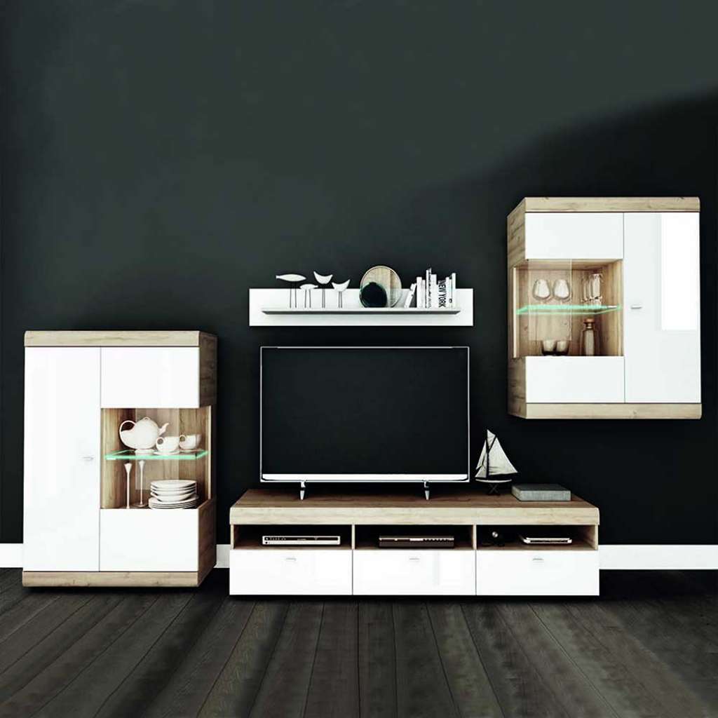 TV Anbauwand in Hochglanz Weiß und Wildeiche Optik modern (4-teilig)