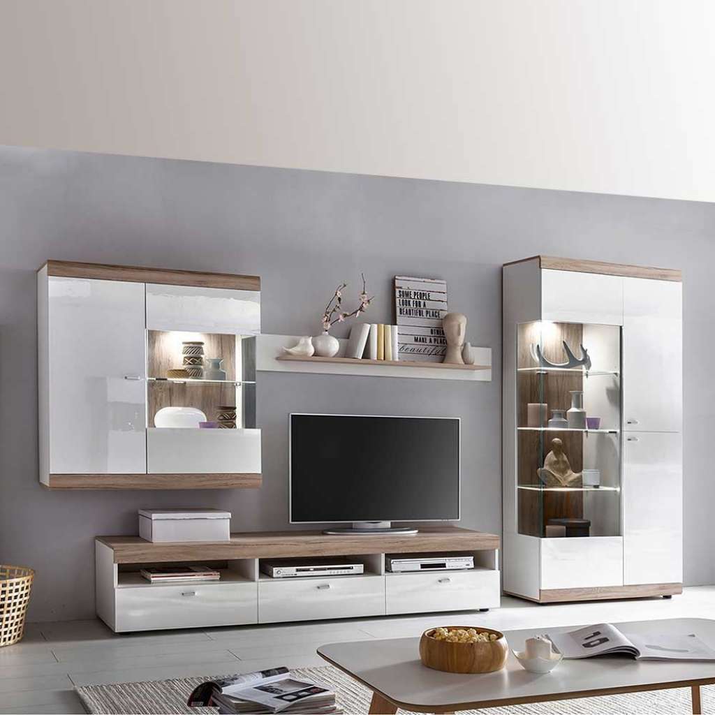TV Wohnwand in Hochglanz Weiß und Wildeiche Optik modern (4-teilig)
