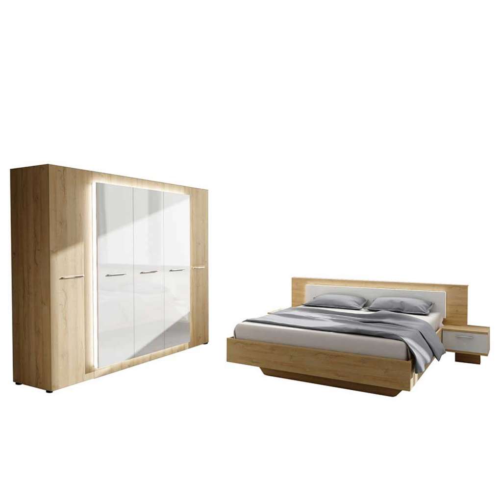 Komplettes Schlafzimmer in Weiß Hochglanz und Wildeiche Optik Doppelbett (4-teilig)