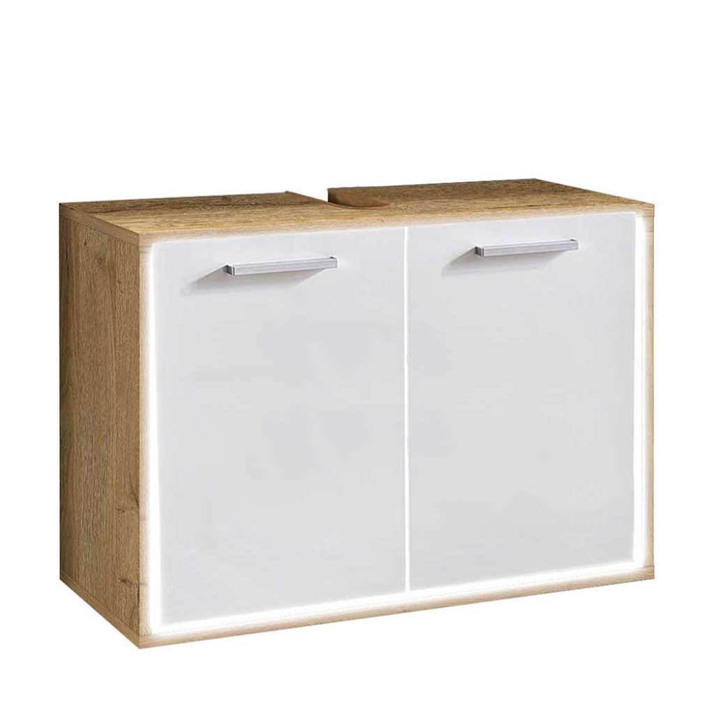 Waschtischunterschrank in Weiß Hochglanz und Wildeiche Optik LED Beleuchtung