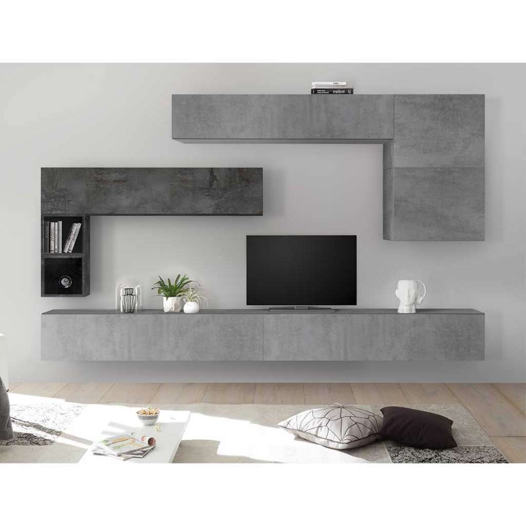 Moderne Schrankwand in Beton Grau und Dunkelgrau hängend (8-teilig)