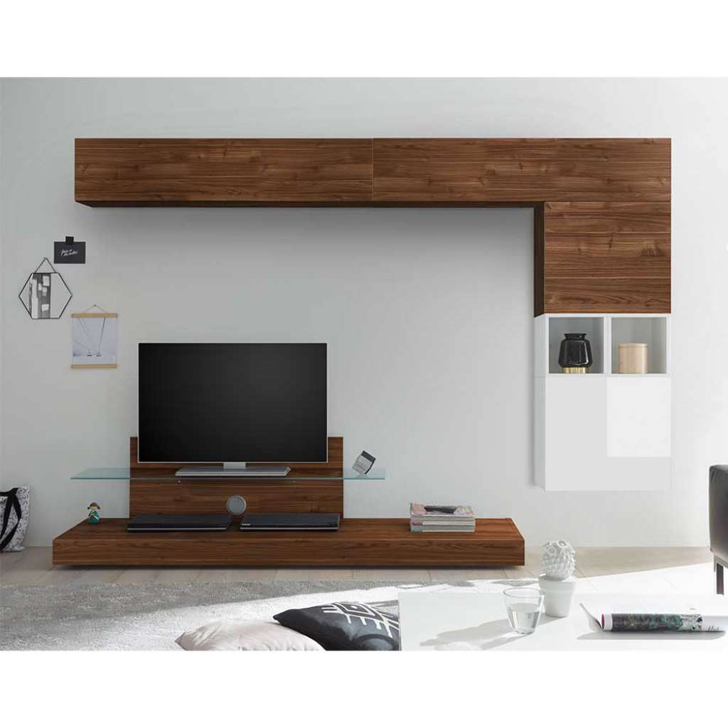 Fernseher Anbauwand in Nussbaumfarben und Weiß Hochglanz TV Aufsatz (7-teilig)