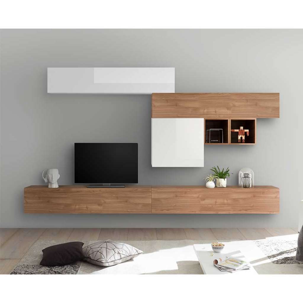 TV Wohnwand in Weiß Hochglanz und Nussbaum Optik hängend (7-teilig)