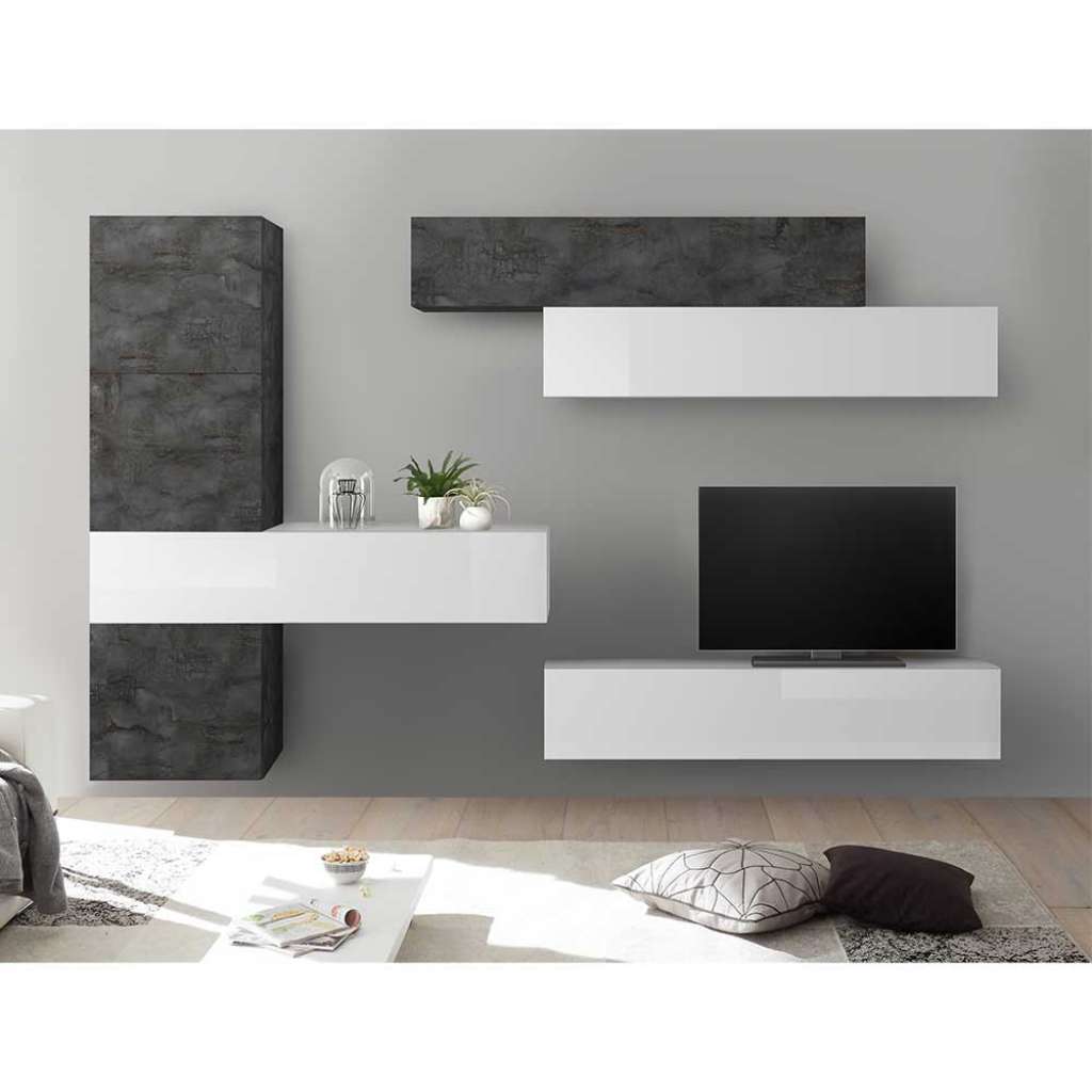 Wohnzimmer Anbauwand in Weiß Hochglanz und Dunkelgrau hängend (7-teilig)
