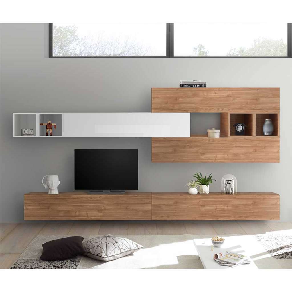 Hängende Wohnwand in Weiß Hochglanz und Nussbaum Optik 280 cm breit (9-teilig)