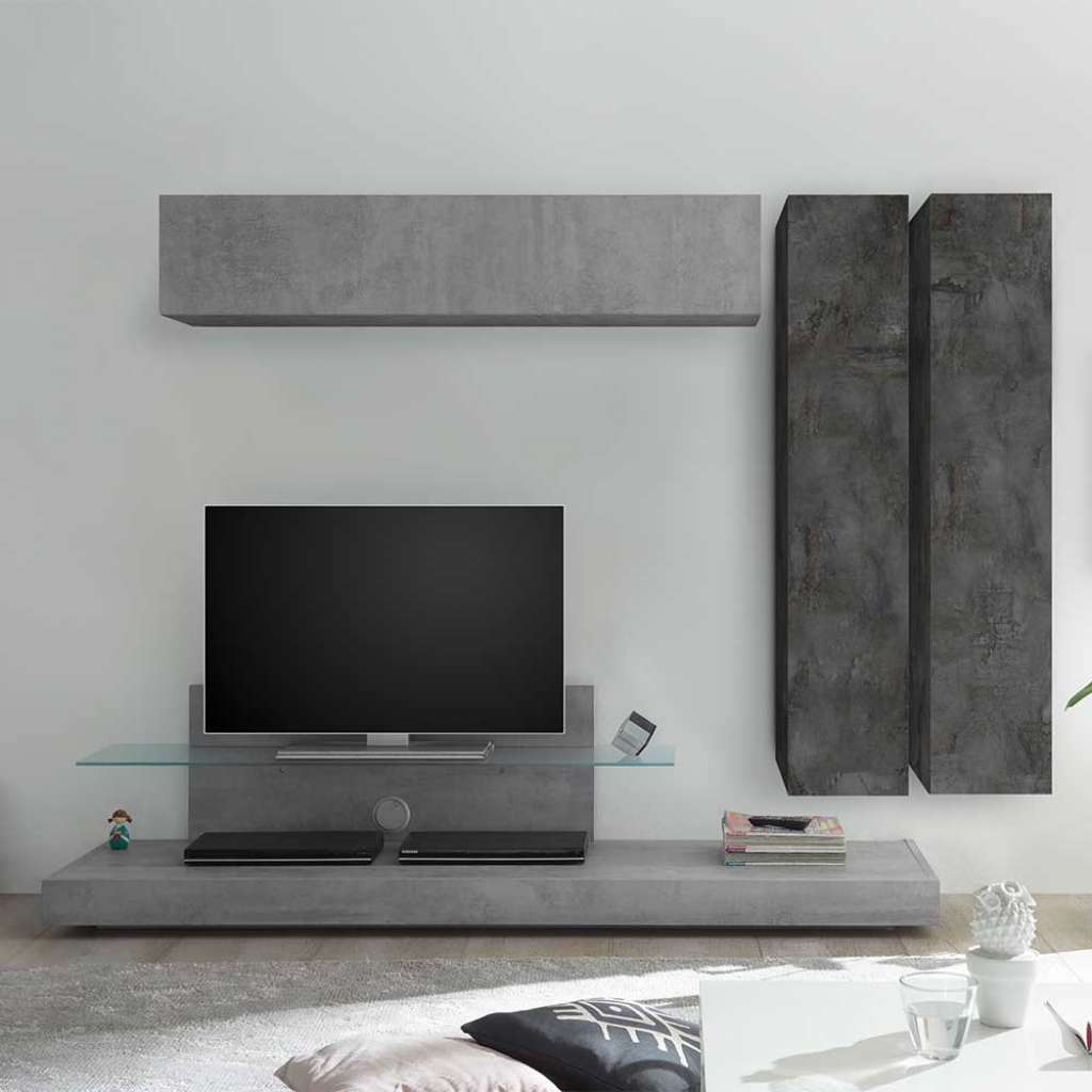 TV Anbauwand in Beton Grau und Dunkelgrau hängend (4-teilig)