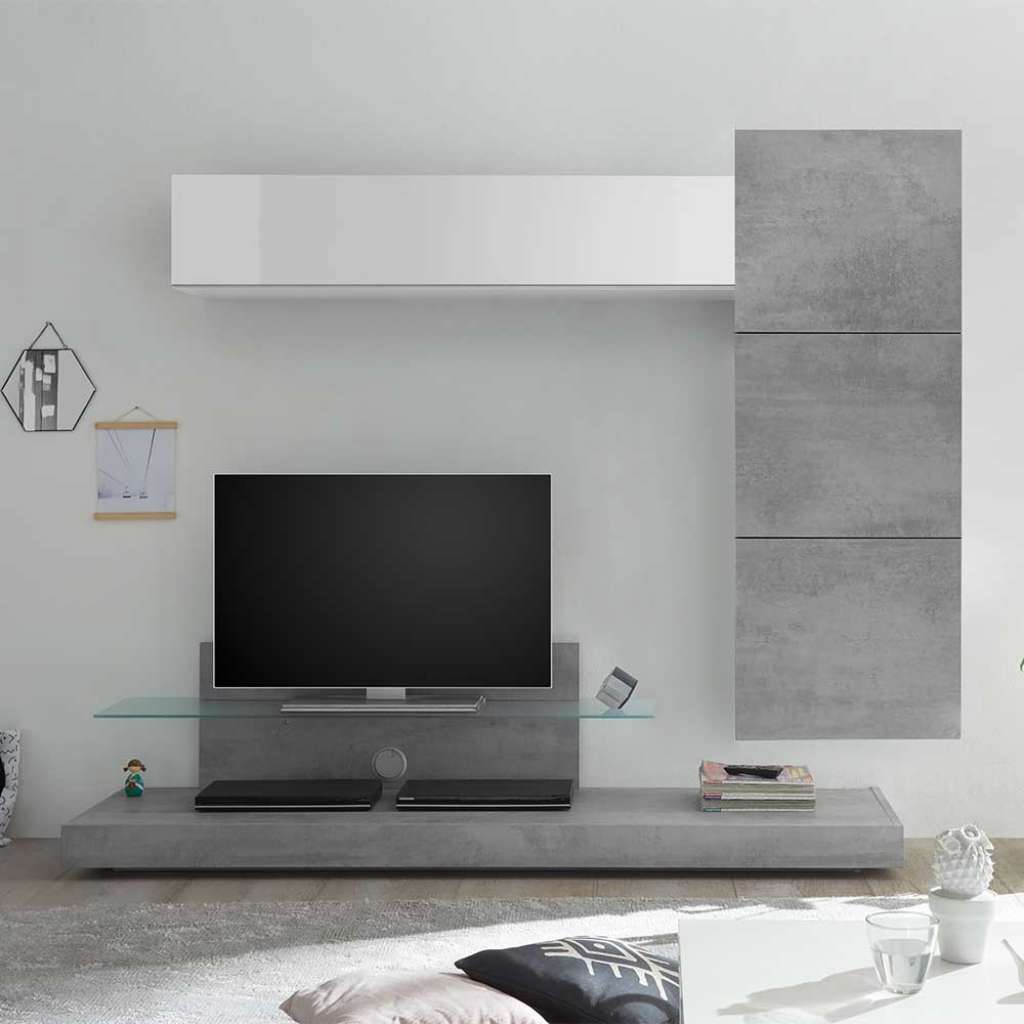 Design Schrankwand in Beton Grau und Weiß Hochglanz hängend (5-teilig)
