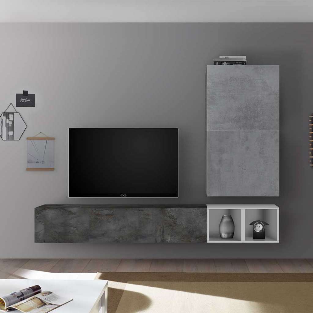 Wohnzimmer Anbauwand in Beton Grau und Dunkelgrau 285 cm breit (4-teilig)