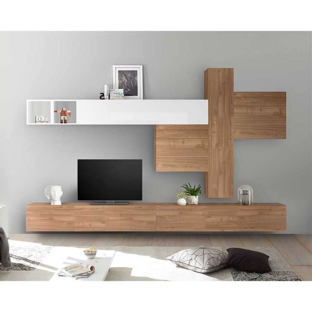 TV Wohnwand in Weiß Hochglanz und Nussbaum Optik hängend (7-teilig)