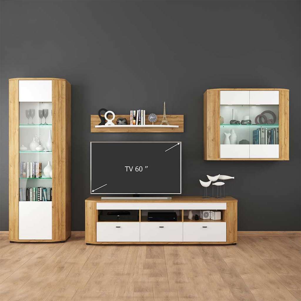 Hochglanz Anbauwand in Weiß und Eiche Optik 300 cm breit (4-teilig)