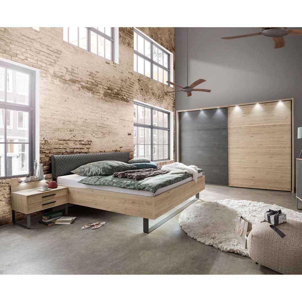 Design Schlafzimmer Set in Eiche Optik und Dunkelgrau Schwebetürenschrank (4-teilig)
