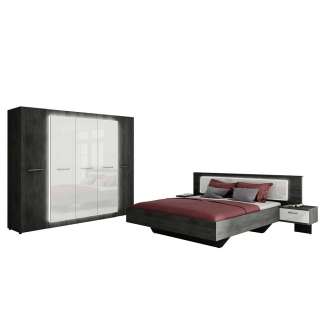 Schlafzimmerkomplettset in Dunkelgrau und Weiß Hochglanz 180x200 cm Bett (4-teilig)