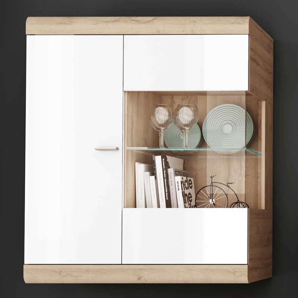 Hängevitrine in Weiß Hochglanz und Wildeiche Optik 90 cm breit
