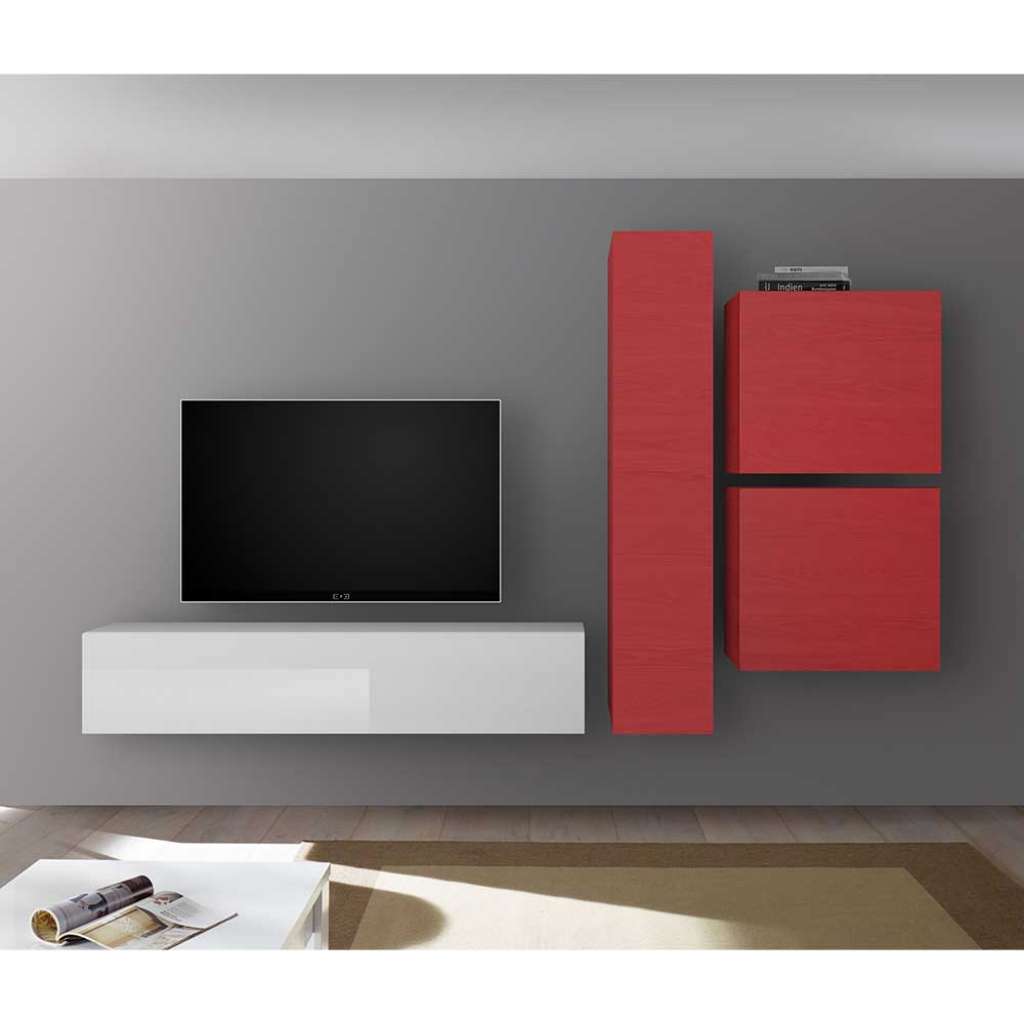 Design Wohnzimmer Schrankwand in Rot und Weiß Hochglanz modern (4-teilig)