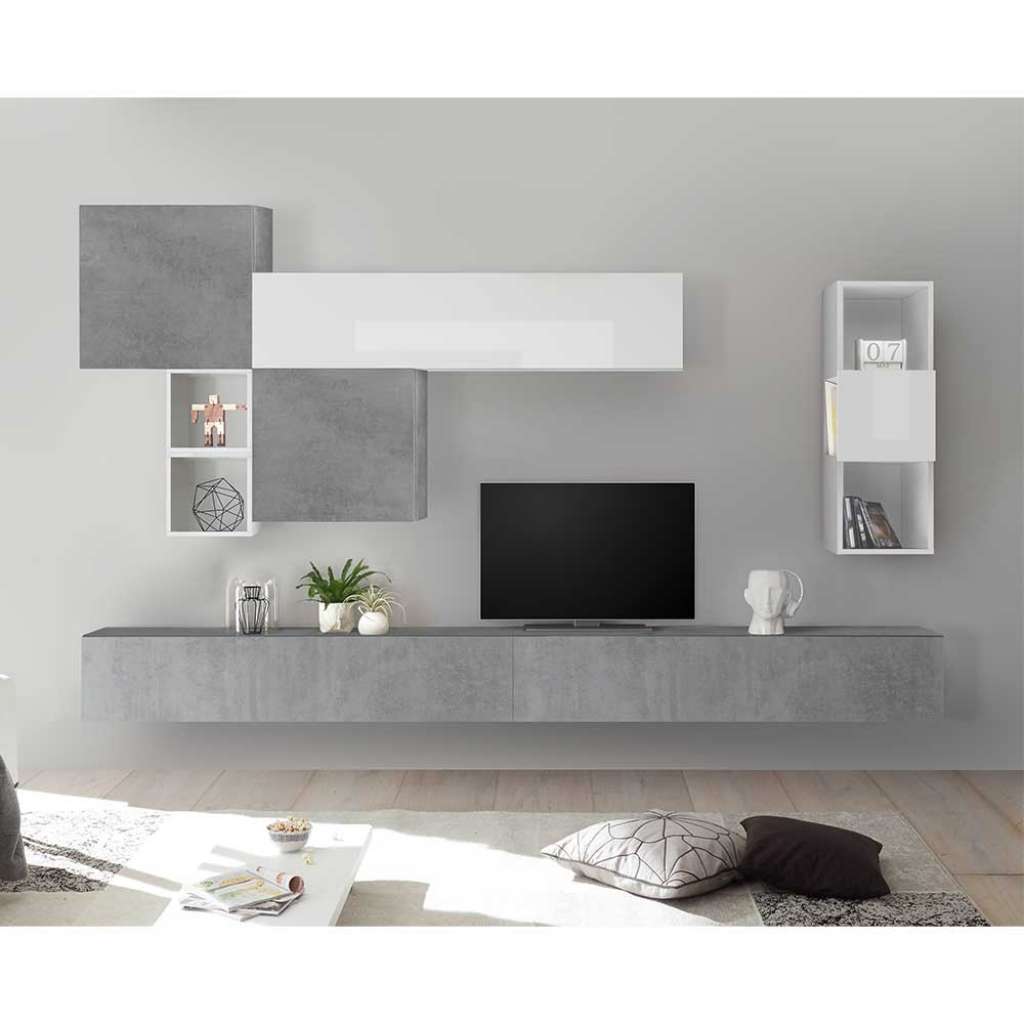 Moderne Anbauwand in Hochglanz Weiß und Beton Grau hängend (8-teilig)