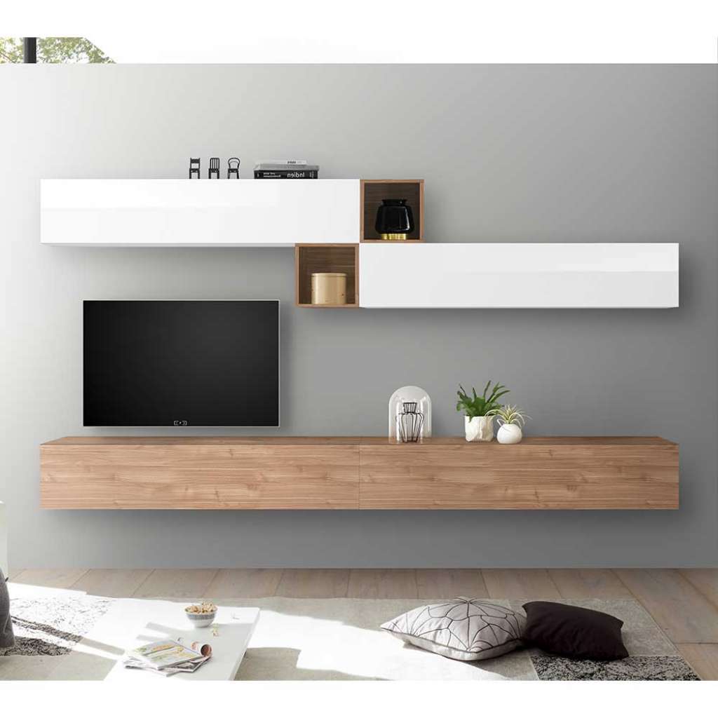 Anbauwand in Hochglanz Weiß und Nussbaum Optik modern (6-teilig)