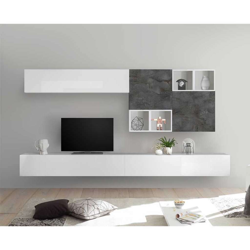 Hängende Schrankwand in Hochglanz Weiß und Dunkelgrau modern (9-teilig)