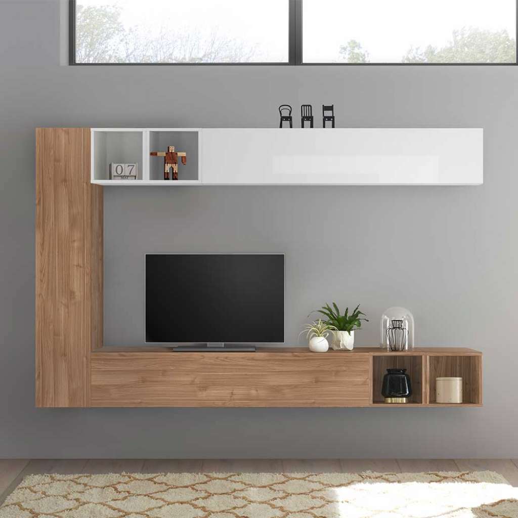 Design Schrankwand in Hochglanz Weiß und Nussbaum Optik hängend (7-teilig)