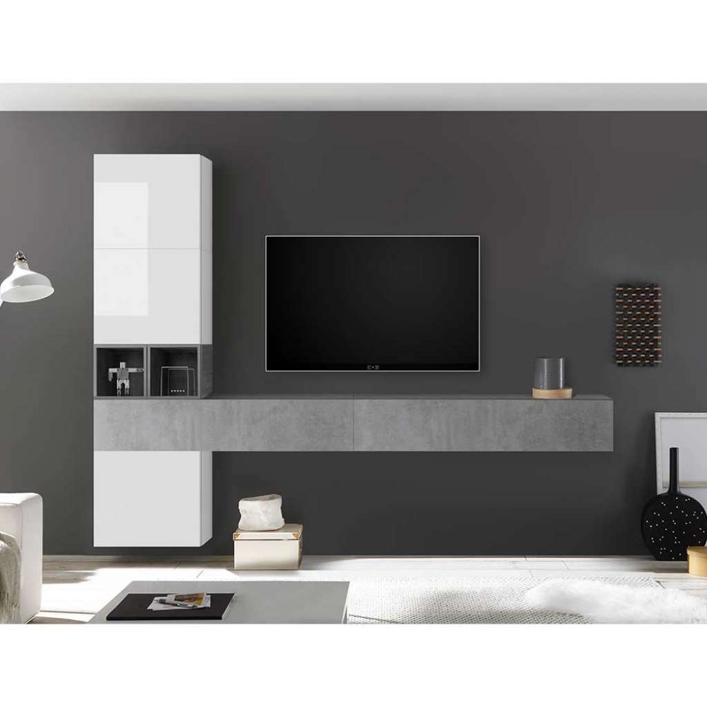 TV Wohnwand in Beton Grau und Hochglanz Weiß modern (7-teilig)