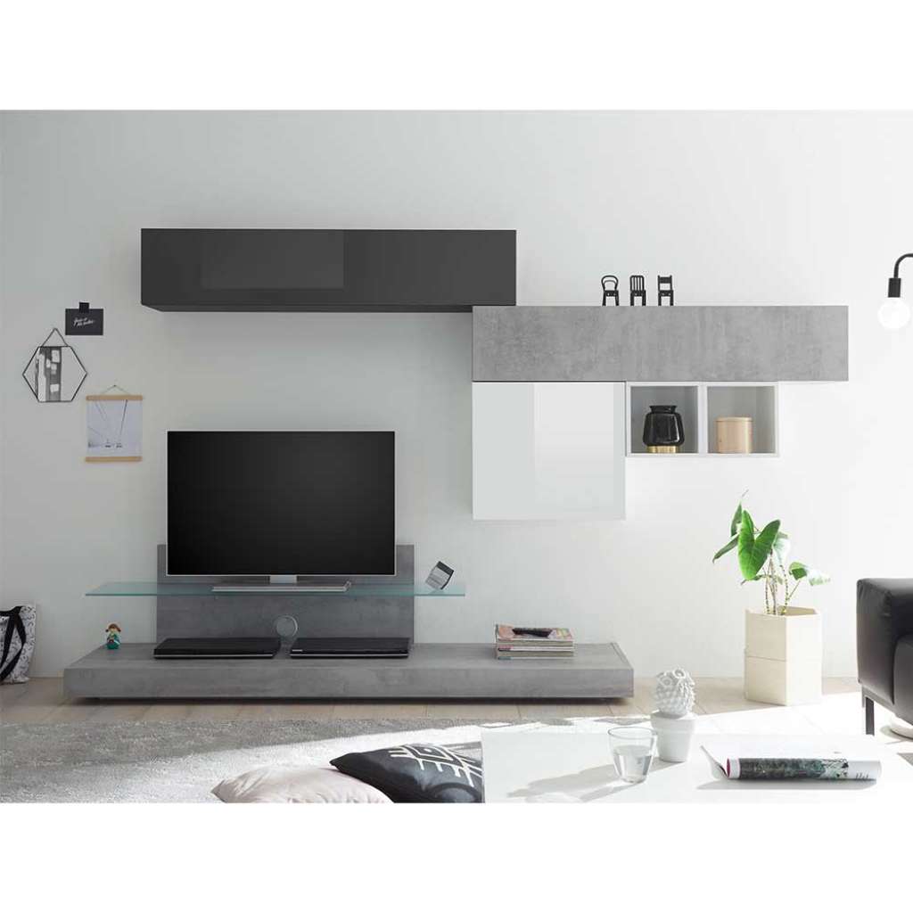 Design Wohnwand in Beton Grau und Anthrazit Hochglanz Weiß Hochglanz (6-teilig)