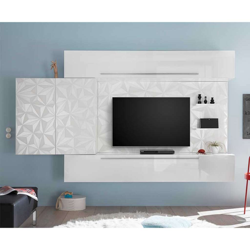 Wohnzimmerschrankwand in Hochglanz Weiß hängend (4-teilig)