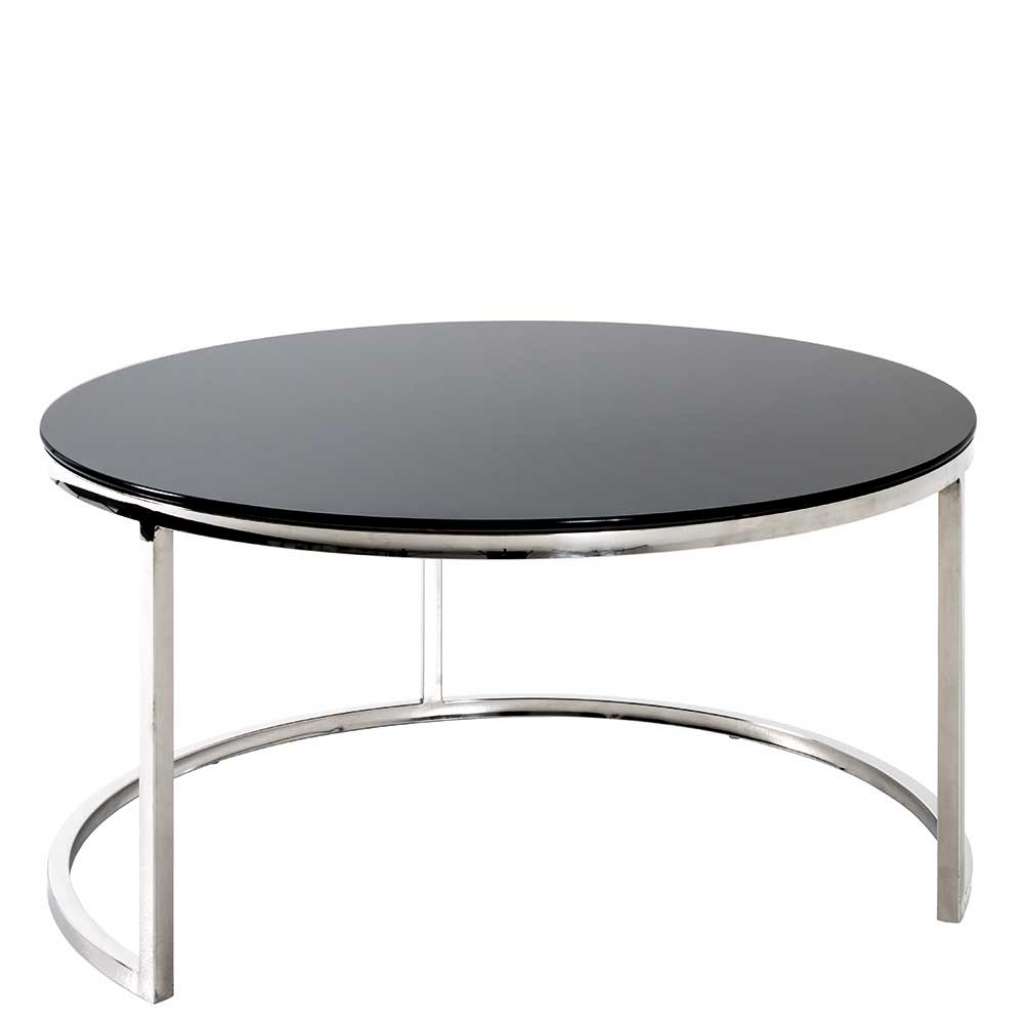 Runder Couchtisch mit Schwarzglasplatte C-Fußgestell aus Edelstahl