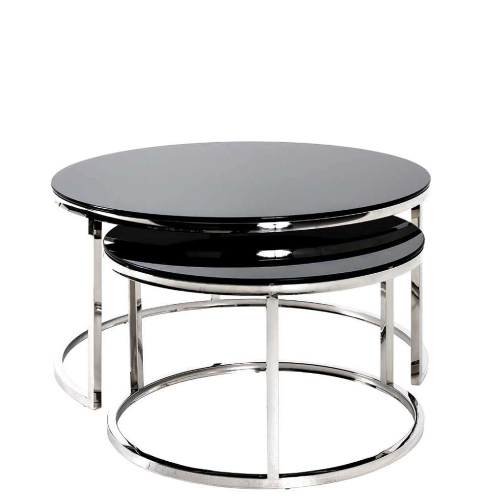 Rundes Beistelltisch Set mit Schwarzglasplatten Edelstahl Bügelgestellen (2-teilig)