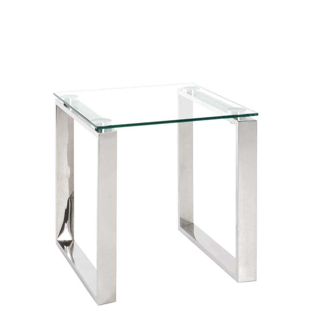 Beitisch aus Glas und Edelstahl Bügelgestell