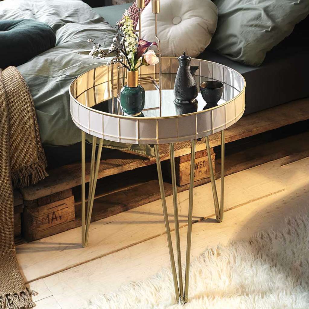 Design Sofatisch in Hellgrau und Bronzefarben rund