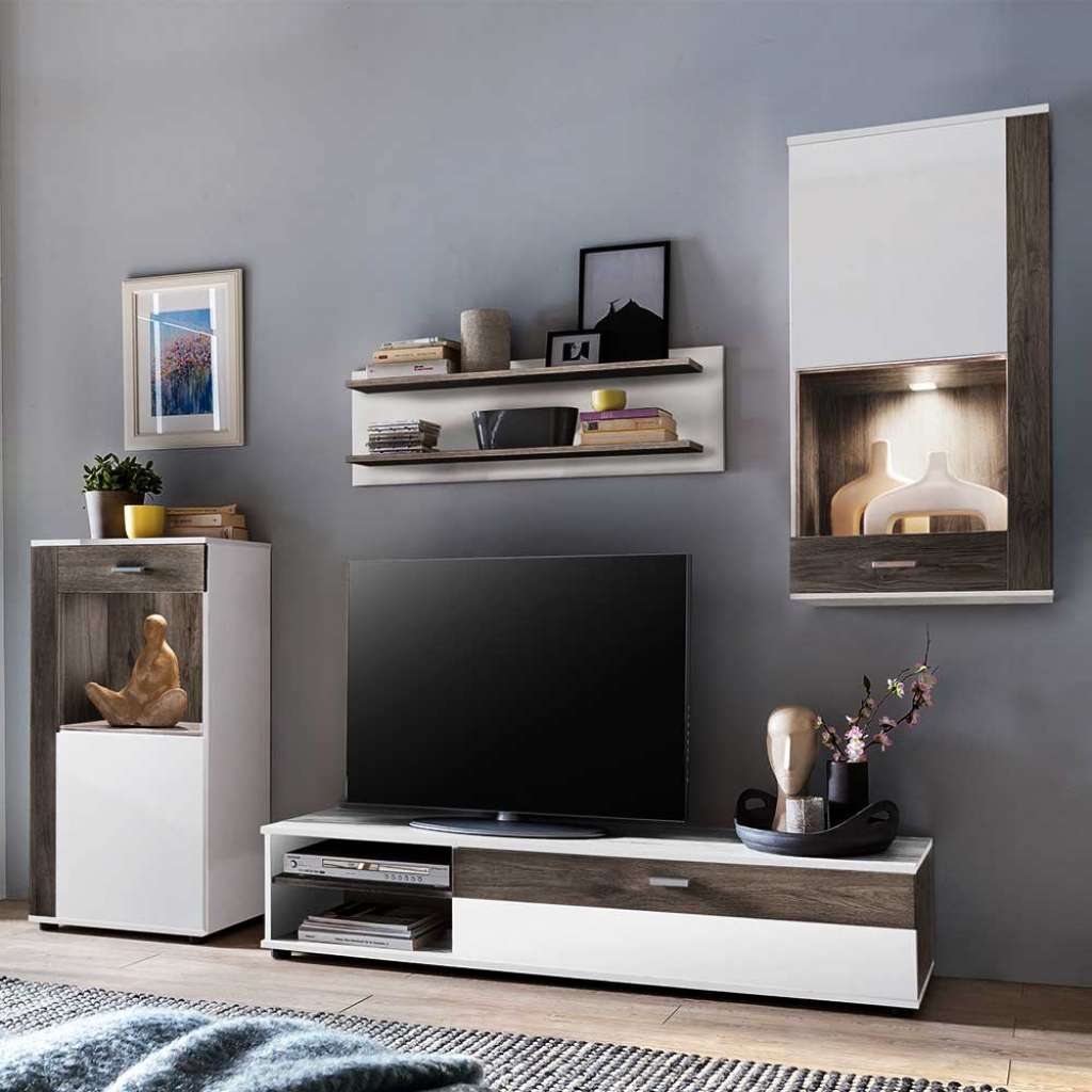 Wohnwand in Weiß und Kiefer Grau LED Beleuchtung (4-teilig)