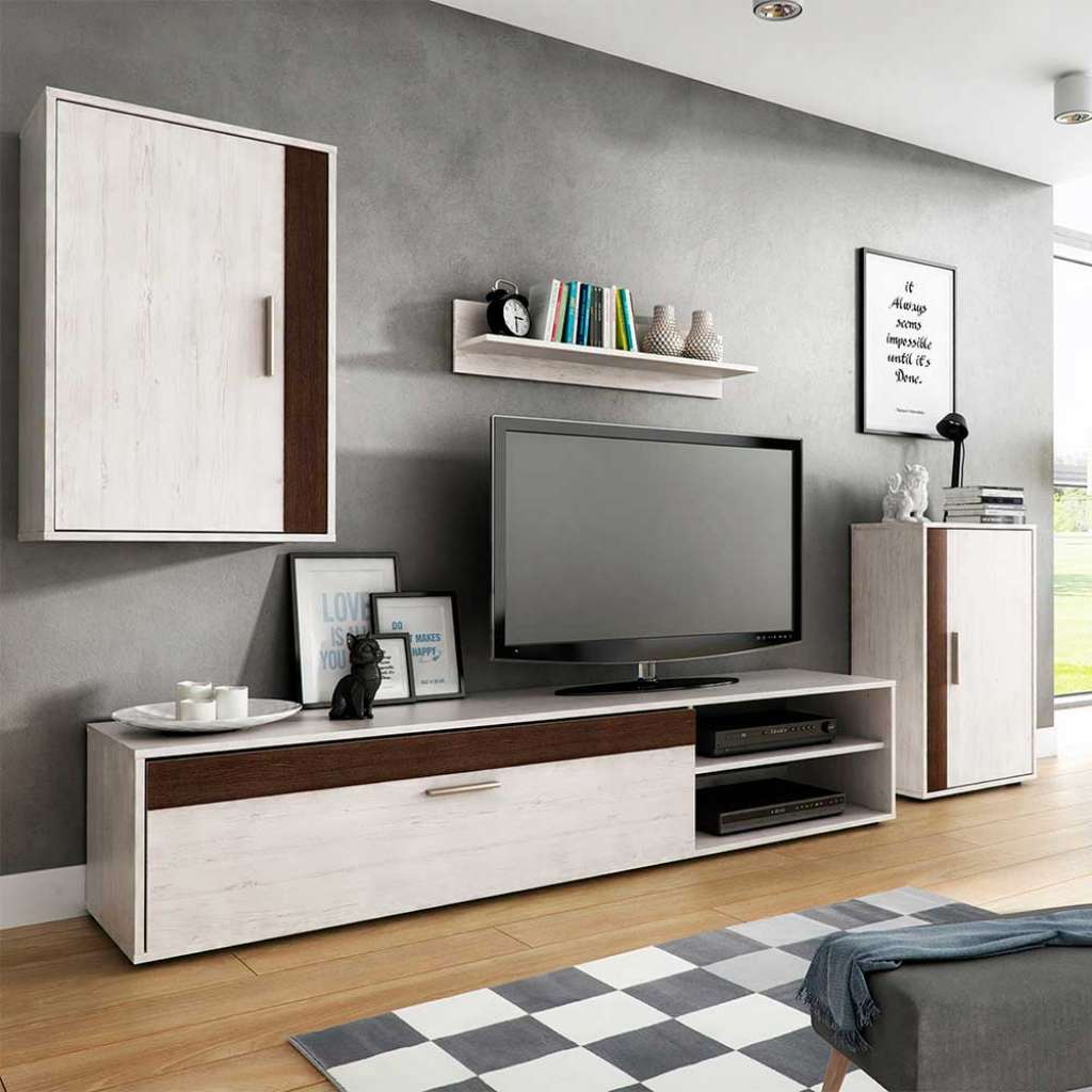 Wohnzimmer Anbauwand in Weiß und Eiche Grau 230 cm breit (4-teilig)