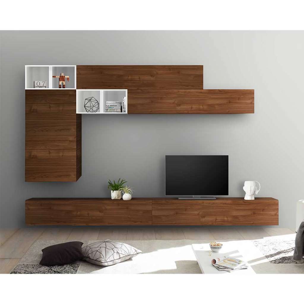 Hängende Anbauwand in Nussbaum Optik und Weiß Hochglanz modern (10-teilig)