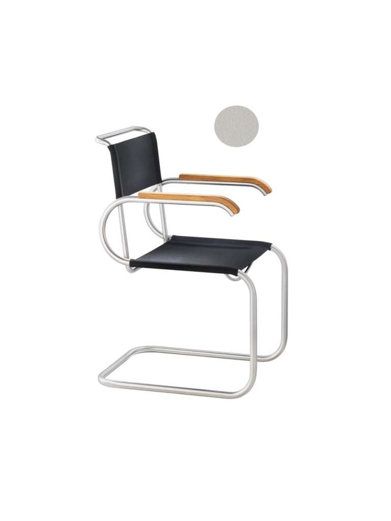- D40 Bauhaus-Freischwinger - Armlehnen Buche - mit Filz-Kufengleiter - Leder cremeweiß - - indoor