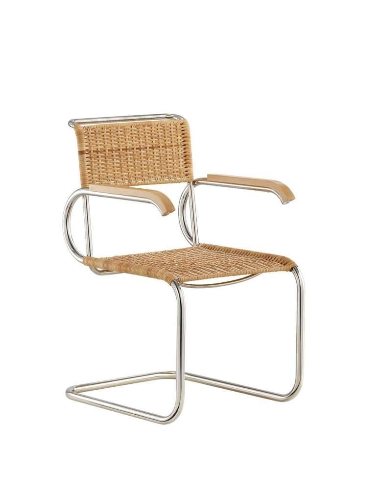 - D40 Bauhaus-Freischwinger - Armlehnen Buche schwarz - mit PTFE-Kufengleiter - Geflecht natur - - indoor