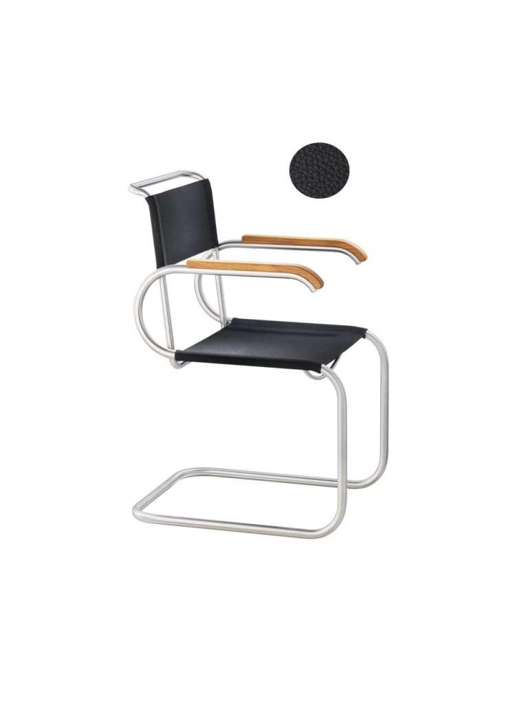 - D40 Bauhaus-Freischwinger - Armlehnen Buche schwarz - mit PTFE-Kufengleiter - Leder schwarz - - indoor